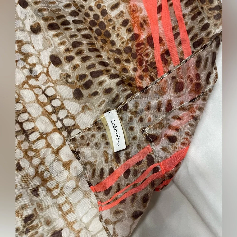 Calvin‎ Klein Leopard Brown Scarf with Neon Coral Stripes